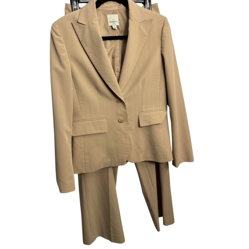 Anne Klein Womens Beige Pinstripe Suit Jacket & Pants Set Size 8